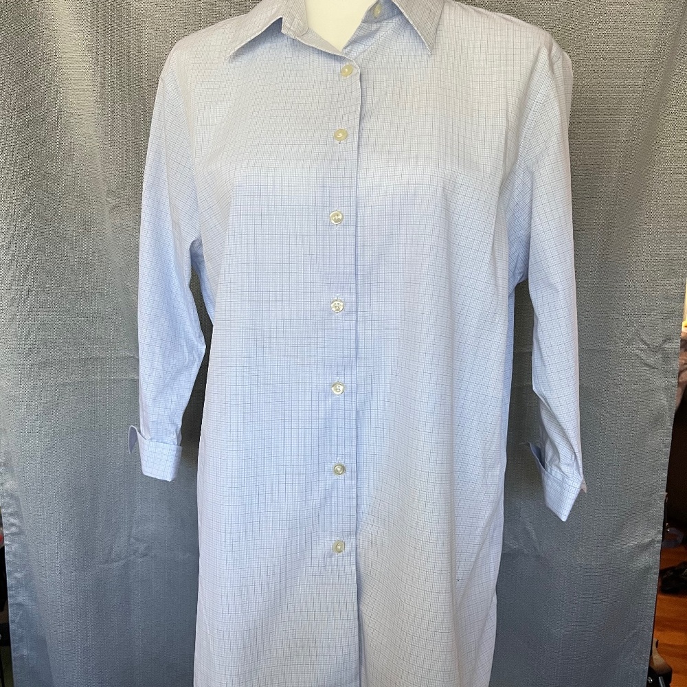 Lands' End Light Blue White Collared Button Up 3/4 Sleeve Shirt - Women's 16